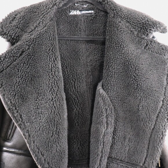 ZARA Aviator Biker Jacket Womens M Faux Leather Shearling Lined Moto Zip Black - Picture 6 of 16